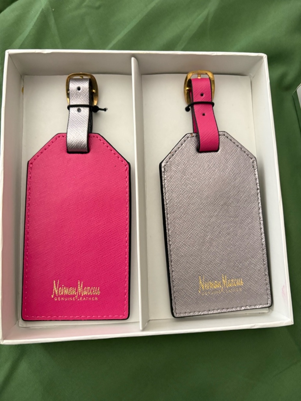 Neiman Marcus Pink & Silver Leather Luggage Tag Duo